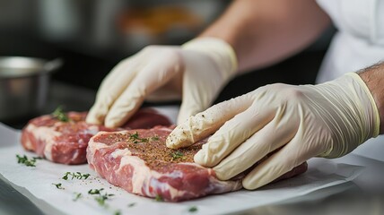 A chef in gloves seasons fresh meat steaks on a kitchen counter, showcasing culinary preparation with herbs and spices.