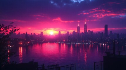 Fototapeta premium Vibrant City Skyline at Sunset with Pink and Purple Hues Reflected on Water