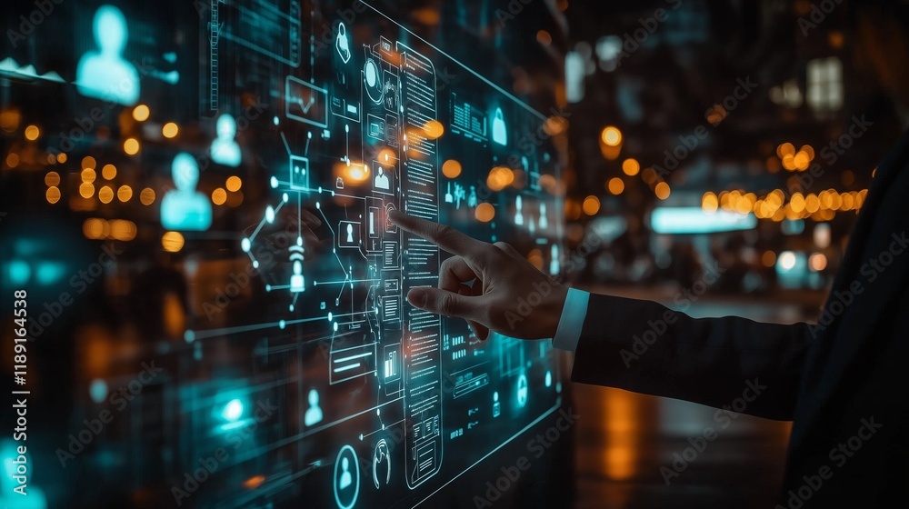 Poster User Interacting with a Futuristic Digital Display, Showcasing AI, Cybersecurity, and Smart Automation in an Advanced Business Environment, Generative AI