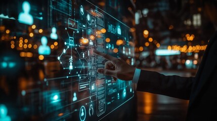 User Interacting with a Futuristic Digital Display, Showcasing AI, Cybersecurity, and Smart Automation in an Advanced Business Environment, Generative AI