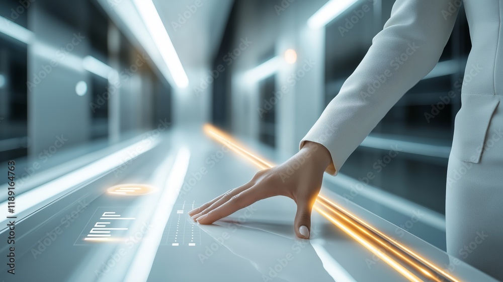 Aufkleber Hand Interacting with a Futuristic Digital Interface, Symbolizing High-Tech Innovation, AI Integration, and Advanced Touchscreen Technology, Generative AI