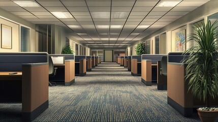 Corporate Hallway: A long and symmetrical hallway in a modern office space, with rows of identical cubicles, a patterned carpet, and muted lighting, creating a sense of formality and structure. 