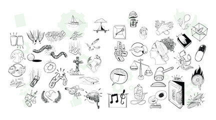 Simple sketch line style elements. Doodle cute ink pen line elements isolated on white background. Doodle arrow, heart, star, decoration symbol, icon set. Vector illustration.