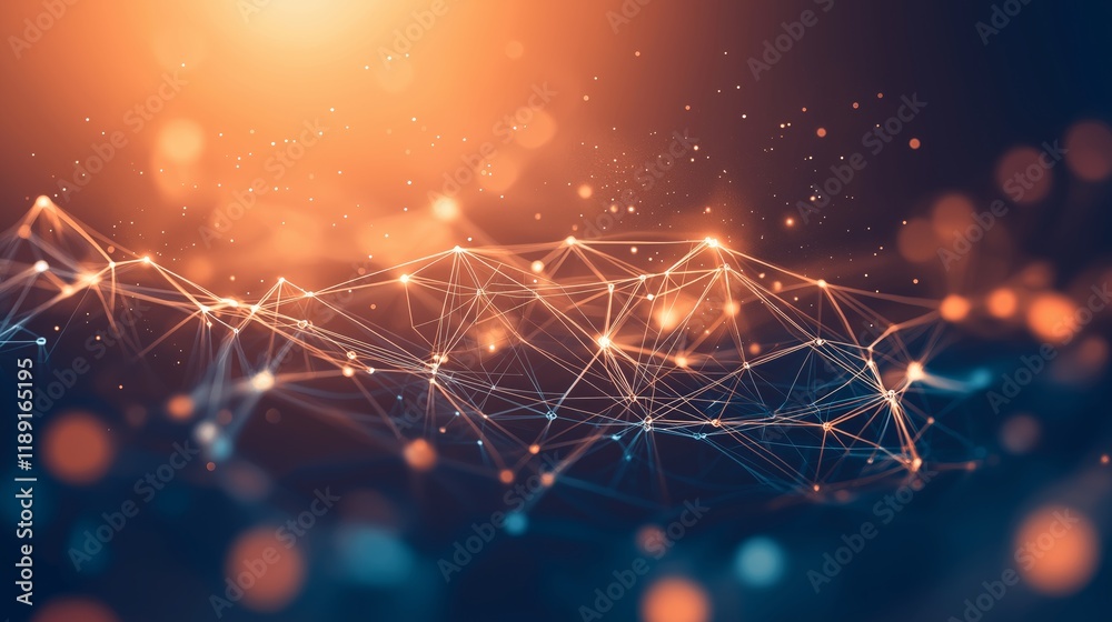 Poster Abstract Digital Network Structure with Glowing Warm Lights, Representing Connectivity, AI, and Data Interaction in a Futuristic Cyber Landscape, Generative AI
