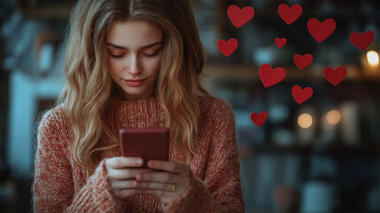 Young smiling woman use mobile cell phone chat , pink hearts . Valentine's Day birthday holiday party dating concept.