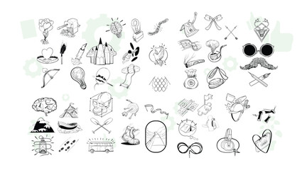 Simple sketch line style elements. Doodle cute ink pen line elements isolated on white background. Doodle arrow, heart, star, decoration symbol, icon set. Vector illustration.