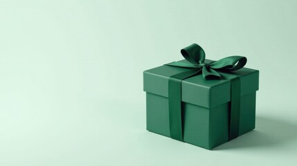 Obraz premium A luxuriously wrapped emerald green gift box with a satin ribbon bow on a pale green background