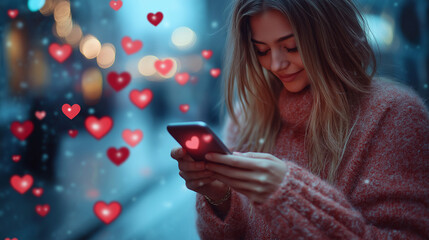 Portrait happy woman sending love sms text message on mobile phone with red hearts flying away