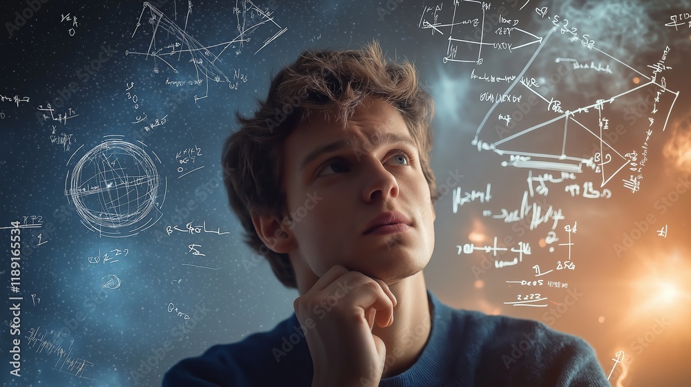 Aufkleber Man Deep in Thought with Floating Digital Formulas and Network Structures, Representing Intelligence, AI, and Advanced Thinking in a Futuristic Setting, Generative AI