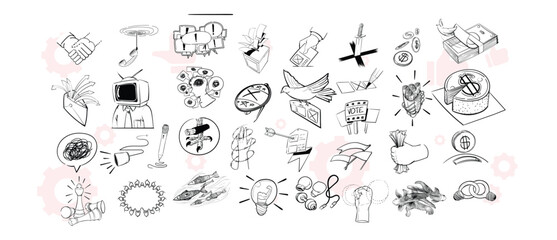 Simple sketch line style elements. Doodle cute ink pen line elements isolated on white background. Doodle arrow, heart, star, decoration symbol, icon set. Vector illustration.