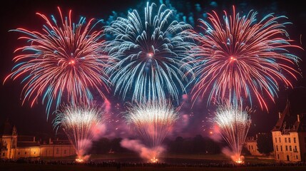 Vibrant Fireworks Display Over Historic Castle at Night
