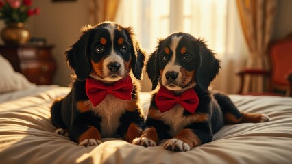 Charming puppy duo in red bows relaxing on a sunlit bed