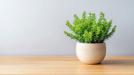 Green Plant In A Cream Colored Pot On Wooden Table