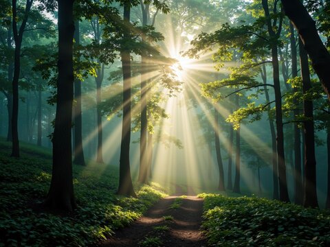 Sunlit Forest Path with Misty Atmosphere