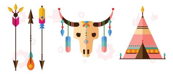 Watercolor Buffalo Skull, Dreamcatcher, Feather, Ribbon & Bead seamless pattern on white background. Watercolor Boho Style texture. Cloth design. Brown, Grey, Pink, Black & White vector backdrop.