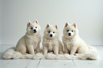 Fototapeta premium Adorable trio of fluffy white puppies sitting on soft rug