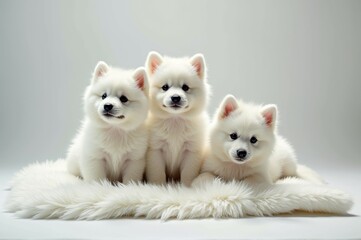 Fototapeta premium Adorable trio of fluffy white puppies sitting on a soft blanket