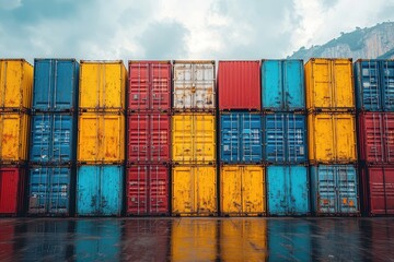 Fototapeta premium Stacked shipping containers in vibrant colors at a port.