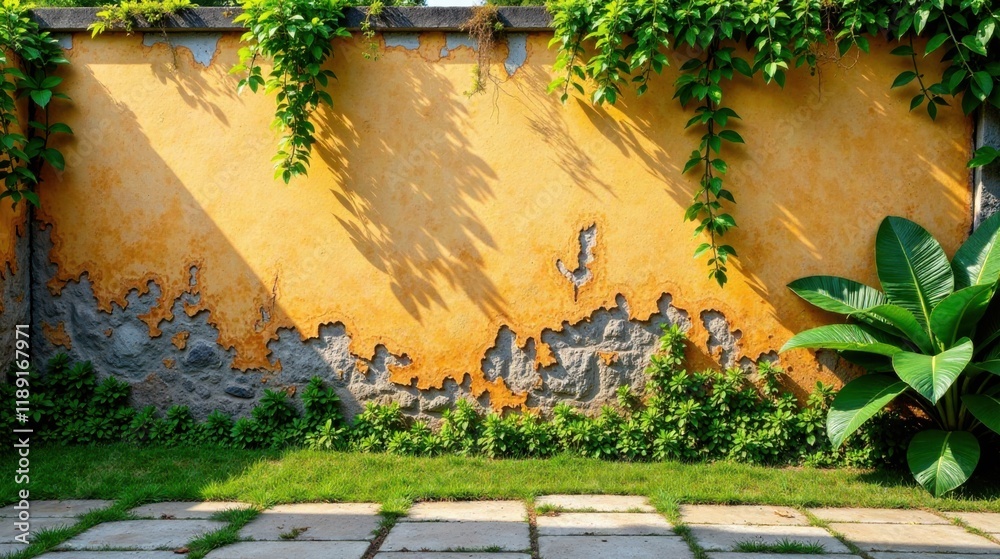 Poster sunlit weathered wall with lush greenery and stone path