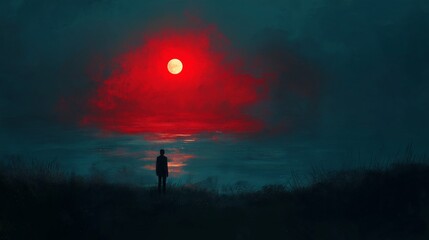 Contemplative figure under celestial evening atmosphere illuminated by red moon