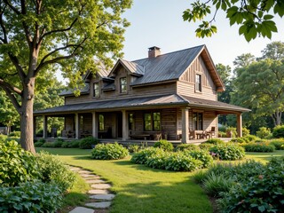 Two-Story Log Home with Porch and Landscaping
