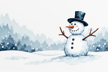 Fototapeta premium Watercolor Snowman in Winter Landscape
