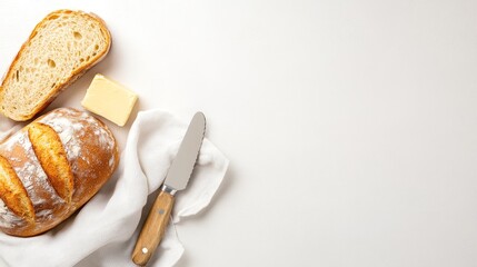 Obraz premium A loaf of bread, butter, and a knife on a clean surface, ready for a meal.