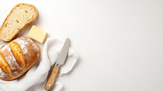 A loaf of bread, butter, and a knife on a clean surface, ready for a meal.