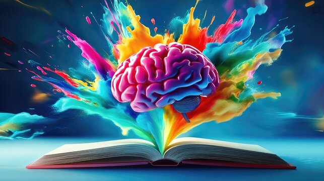 Colorful brain exploding from open book.