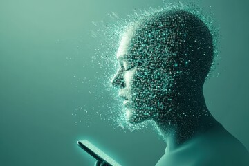 Digital Silhouette of Human Head Breaking Apart into Pixels, Representing Technology, Innovation, and Future Concepts in a Modern Aesthetic