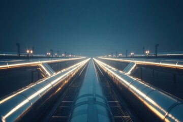 Dynamic Perspective of Gas Pipelines Stretching into the Horizon Under Soft Natural Lighting and a Cloudless Sky in High-Resolution 3Gigapixel Capture