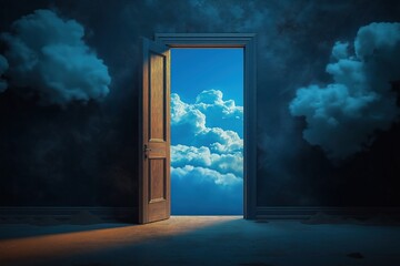 Open door bright blue sky full of fluffy clouds. Warm inviting house interior. New beginnings. Fresh start. Sunny day. Opportunity. Hopeful. Cozy home. Architecture. Entrance. Bright light shines
