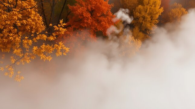 Thick foggy forest surroundings in warm autumn colors background