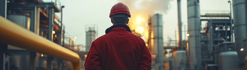 Obraz premium A factory worker overseeing the operation of a heating plant, with large pipes, valves, and boiling equipment, industrial machinery environment, 4K highdefinition clarity
