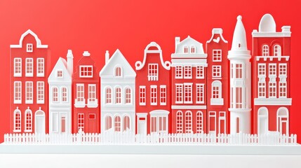 A row of intricately designed white houses against a vibrant red background.