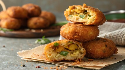 Enjoying a delicious stack of batata vada served with chutney at a bustling street food stall in India
