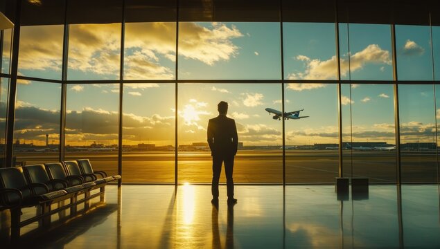 A business traveler stands in an upscale airport lounge, gazing at an airplane departing against a stunning sunset backdrop filled with colorful clouds