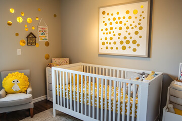 Bright crib nook with golden dots poster and golden accents