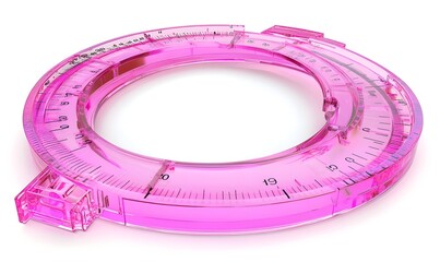 Pink transparent circular protractor with markings.