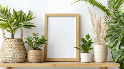 Scandinavian room interior featuring a mock-up photo frame on a brown bamboo shelf adorned with various beautiful plants in stylish pots, against white walls