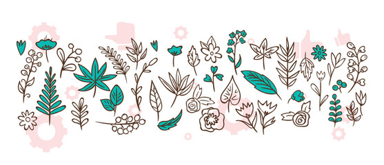 Vector vintage set of blooming orchids isolated on white. Hand drawn color botanical illustration with tropical pink flowers, buds and green leaves. Graphic elements for floral design