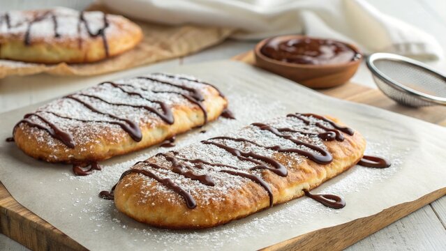 Freshly made beavertails drizzled with chocolate sauce and powdered sugar on a wooden board