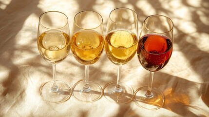 Different varieties of wine presented in elegant glasses on a table with soft lighting