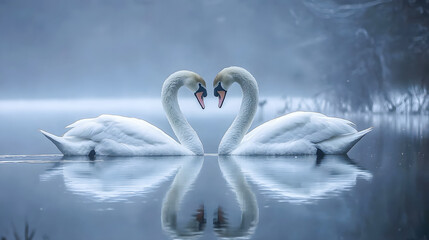 Serene Swans Form Heart Shape in Misty Landscape
