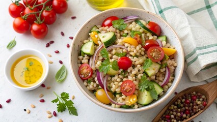 Vibrant barley salad with fresh vegetables and herbs arranged in a colorful bowl