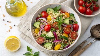 Vibrant barley salad featuring fresh vegetables, herbs, and a dash of lemon for flavor