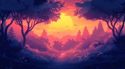 Enigmatic forest at sunset: contemporary landscape design for inspirational artwork