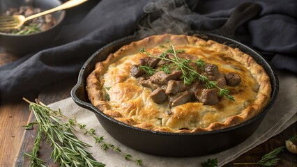 Beef stroganoff pot pie prepared in cast iron cookware with herbs and steam rising on a rustic table