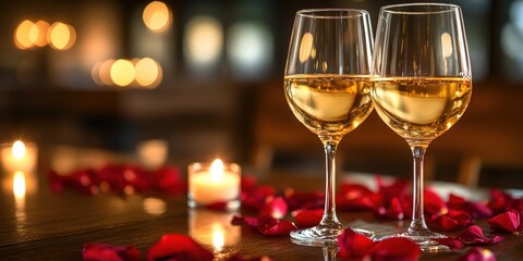 Two glasses of red wine on a table surrounded by scattered rose petals for a romantic setting valentine day