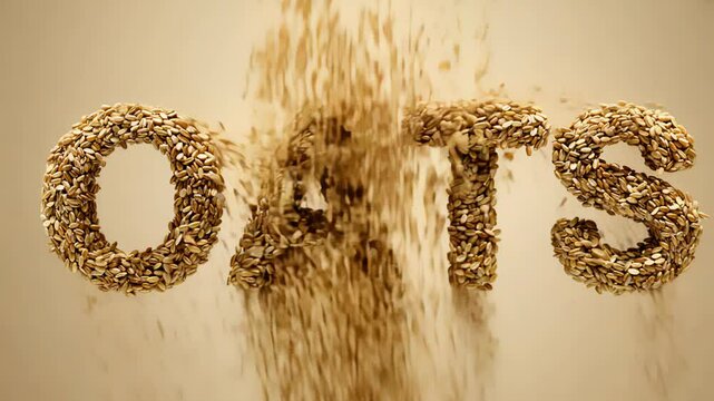 Golden oats cascade down, forming the letters of the word OATS. The precise stacking and shimmering effect create an engaging visual experience that captivates the viewer's attention.
